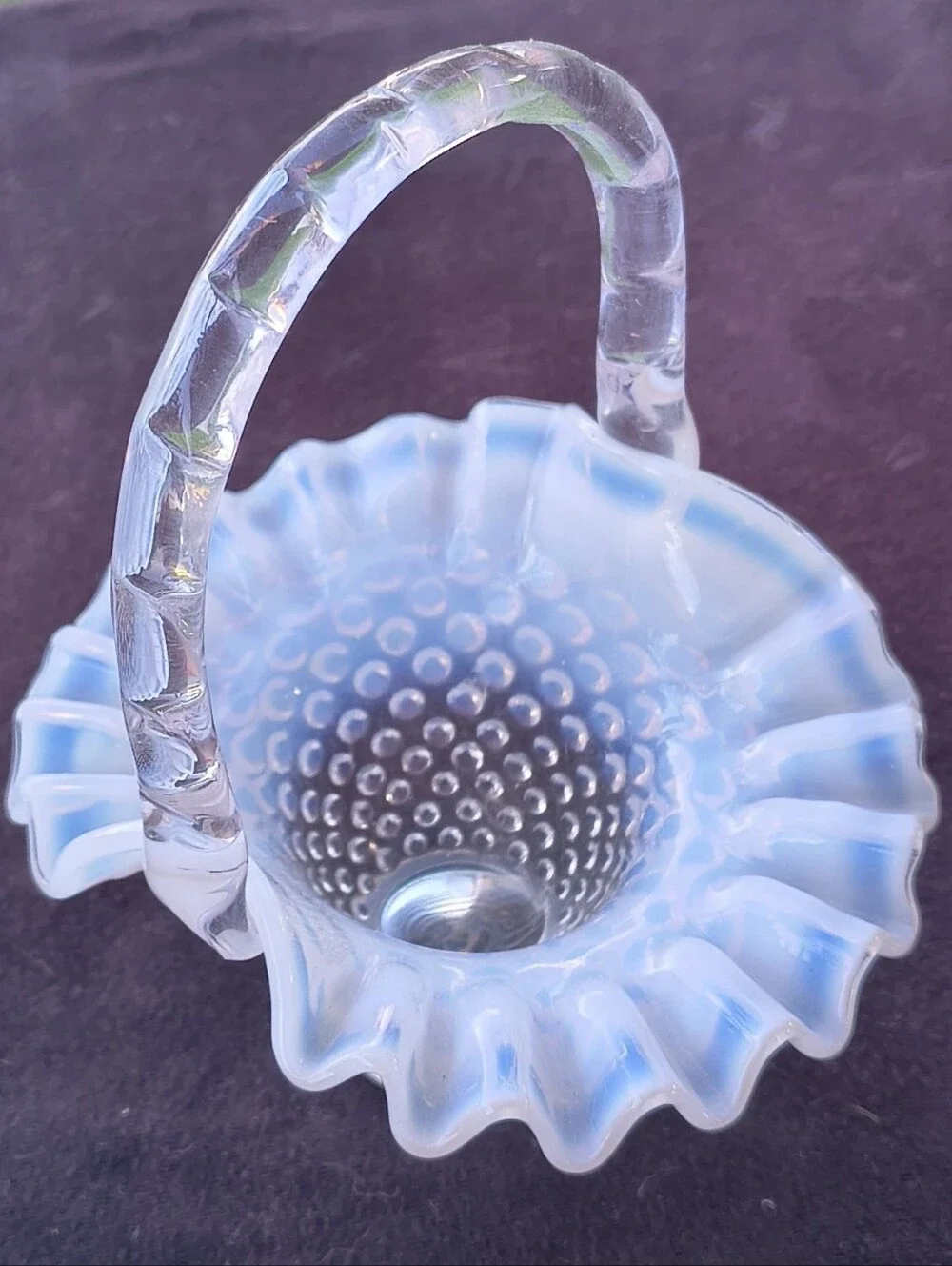 Antique Hand Blown Glass Basket Opalesent Hob Nail Blue And White, Excellent